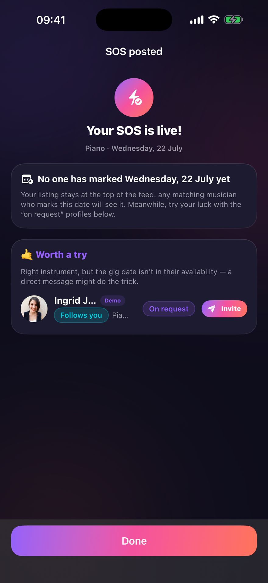 Matching screen: musicians compatible with an SOS and an Invite button.