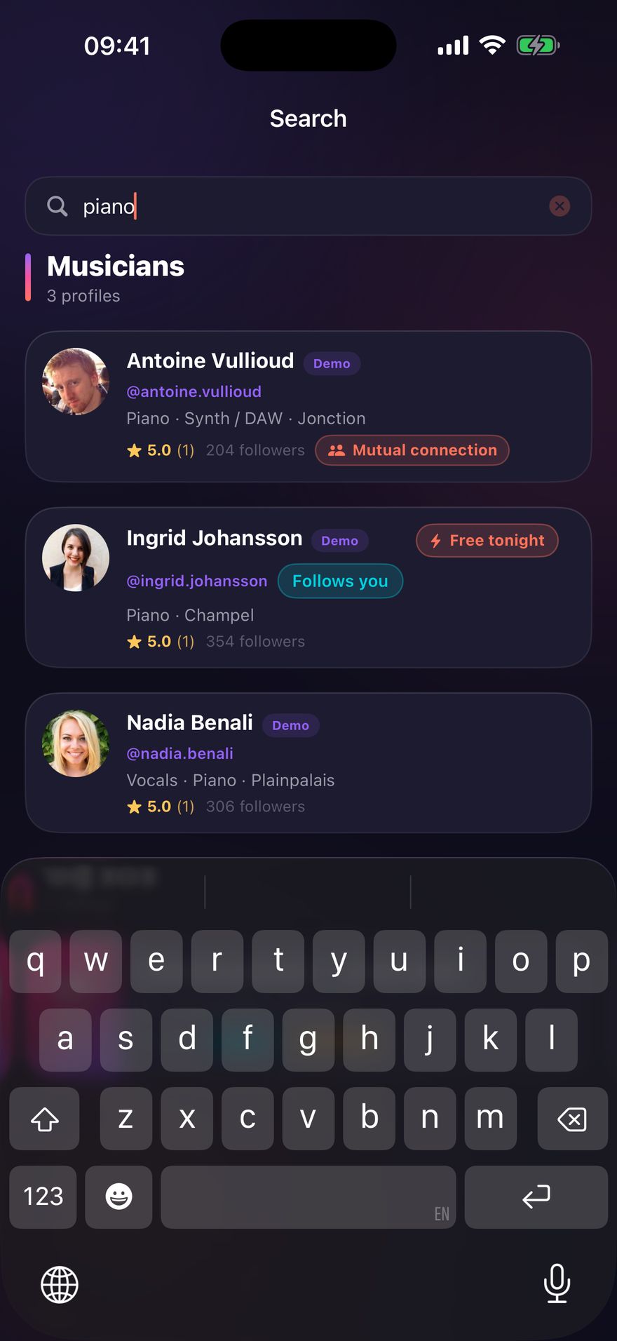 Dispo search: musician and SOS results for the query piano.