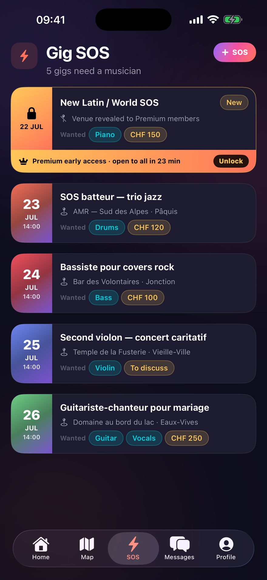 Dispo SOS list: dated gigs with fee and wanted instruments.